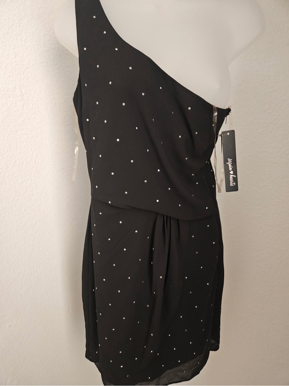 Sequin Hearts Black One-Shoulder Dress with Rhinestone Accents size 5 NWT